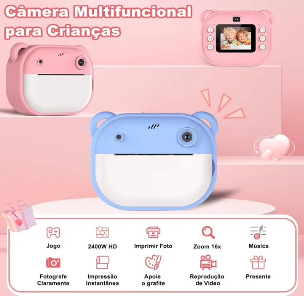 Genérico Câmera Infantil Multifuncional, 20MP 1080P HD, 200 dpi, MP3, Jogos, Zoom 16X, Time Lapse, Recarregável, com Papel de Impressão Azul