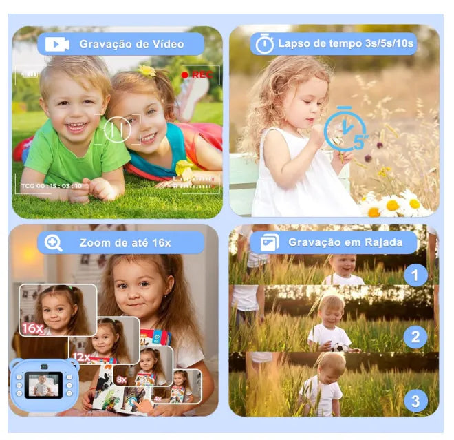 Genérico Câmera Infantil Multifuncional, 20MP 1080P HD, 200 dpi, MP3, Jogos, Zoom 16X, Time Lapse, Recarregável, com Papel de Impressão Azul