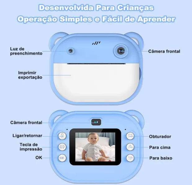 Genérico Câmera Infantil Multifuncional, 20MP 1080P HD, 200 dpi, MP3, Jogos, Zoom 16X, Time Lapse, Recarregável, com Papel de Impressão Azul