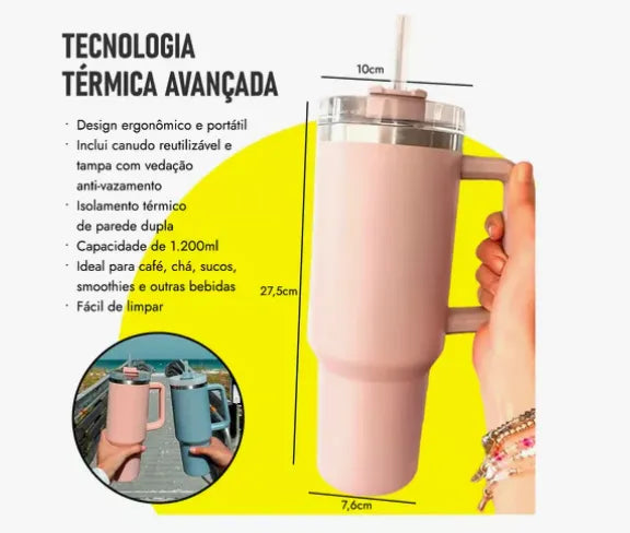 Copo Térmico Inóx Com Alça Canudo 1.2litros Blogueira