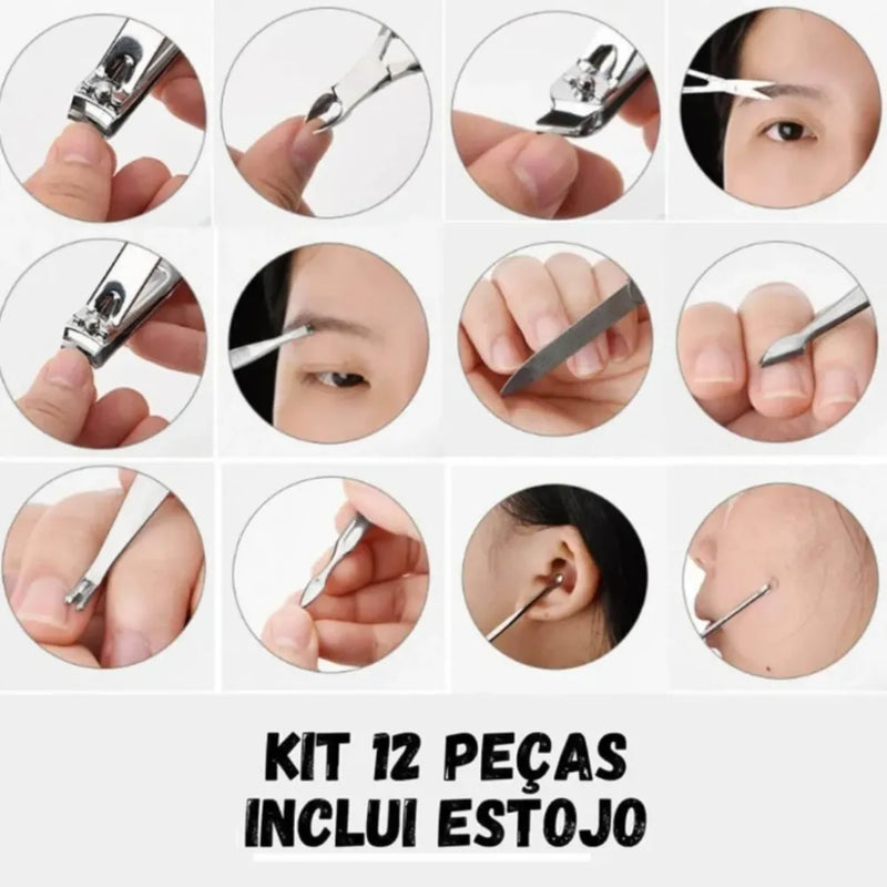 Kit Cuidado De Unha Portátil 12pcs + Estojo Couro Sintético