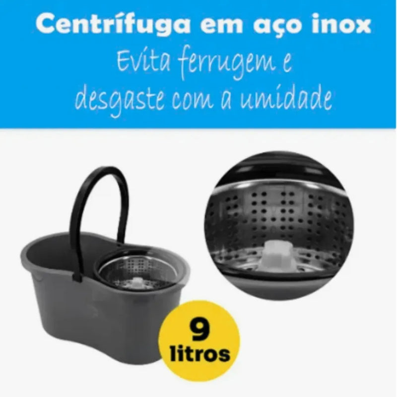 Mop Giratorio Balde 9 Litros Com Cesto Inox Cor Preto  Mop Giratorio Balde 9 Litros Com Cesto Inox Cor Preto