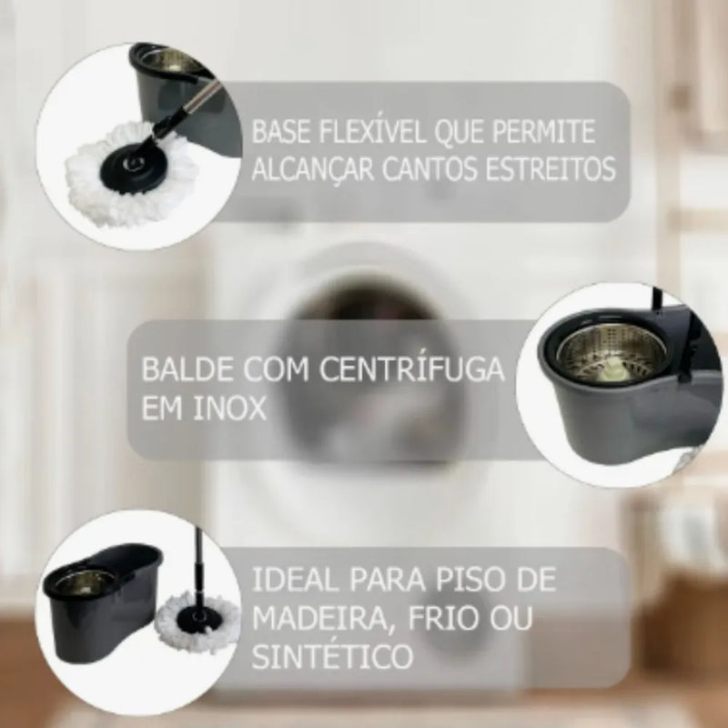 Mop Giratorio Balde 9 Litros Com Cesto Inox Cor Preto  Mop Giratorio Balde 9 Litros Com Cesto Inox Cor Preto